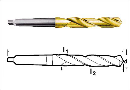 HSS-Co long taper shank drill, DIN 345, TiN coated, Std. XT