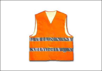 Orange high visibility vest with parallel stripes