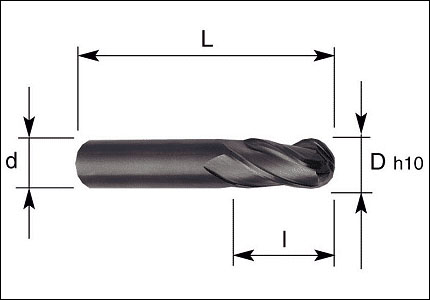 HM cutter with ball nose, 4 cutting edges