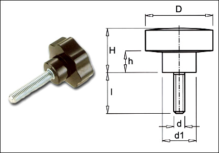 Star knob, 7 points with threaded steel bolt