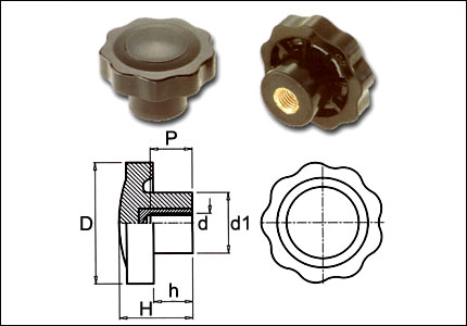 Handwheel, 9 points with threaded brass insert