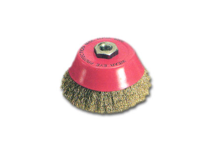 Cup brush with threaded hole with undulated brassed wire