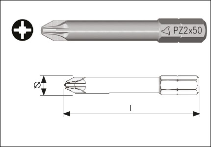 Bit for drivers 1/4 and for cross-slotted PZ screws, long