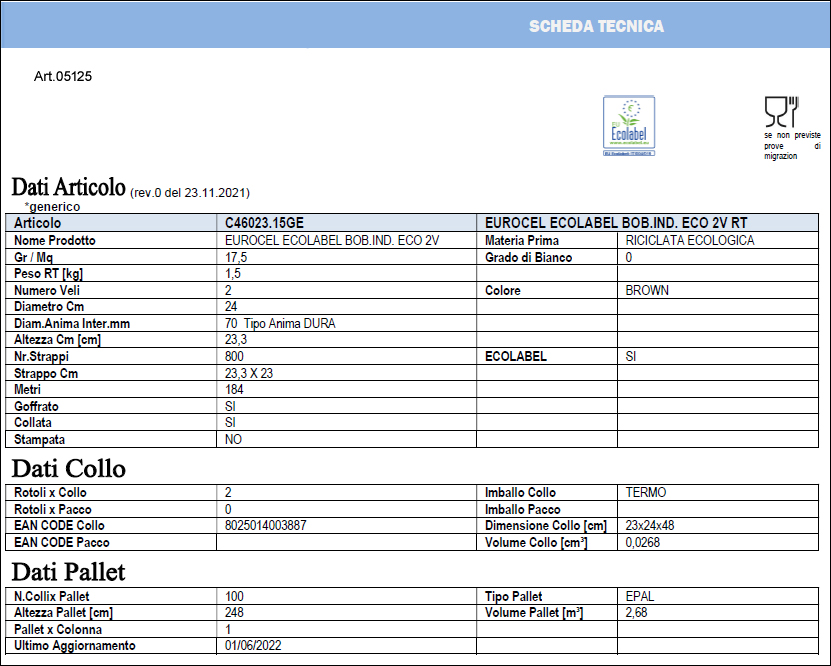 data sheet Reels of recycled paper EURO 800