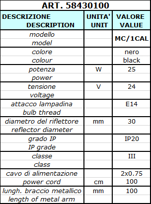 scheda tecnica Lampada MC/1CAL con base magnetica, 24 V