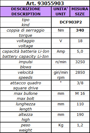 scheda tecnica Avvitatore ad impulsi DCF903P2-QW a batteria 12 V, 3/8