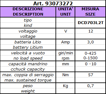 scheda tecnica Trapano avvitatore multitesta a batteria DCD703L2T, 12V